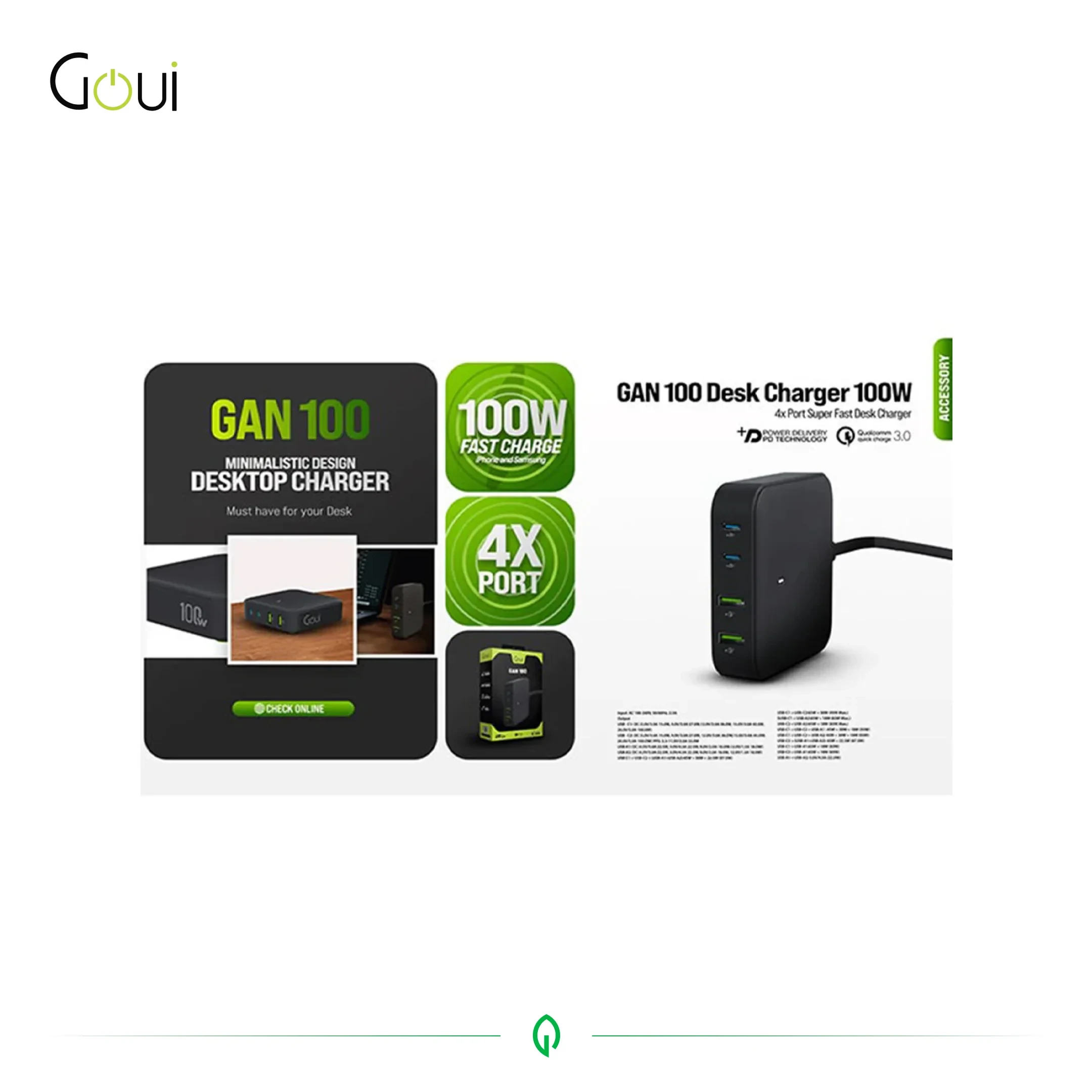 Goui GAN Chargeur de bureau 100W USB-C PD Rapide